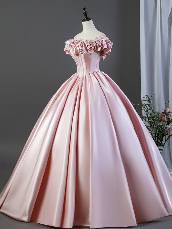 Charmant Rougissant Rose Satin Robe De Bal 2026 Robe Boule Volants De l'épaule Manches Courtes Dos Nu