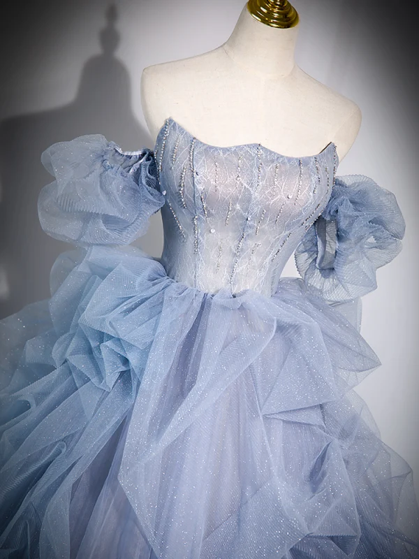 Fashion Sky Blue Cascading Ruffles Prom Dresses 2023 Ball Gown Strapless Short Sleeve Backless Sweep Train Prom Formal Dresses