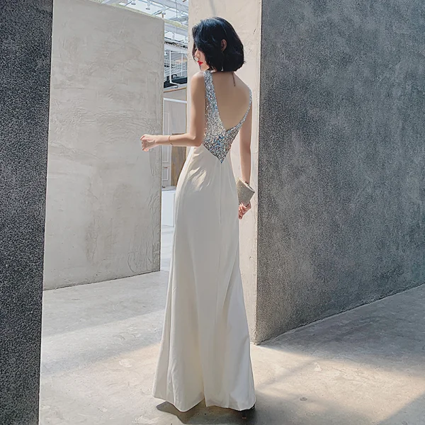 Charming Ivory Sequins Evening Dresses 2022 Trumpet / Mermaid Square Neckline Sleeveless Backless Floor-Length / Long Evening Party Formal Dresses