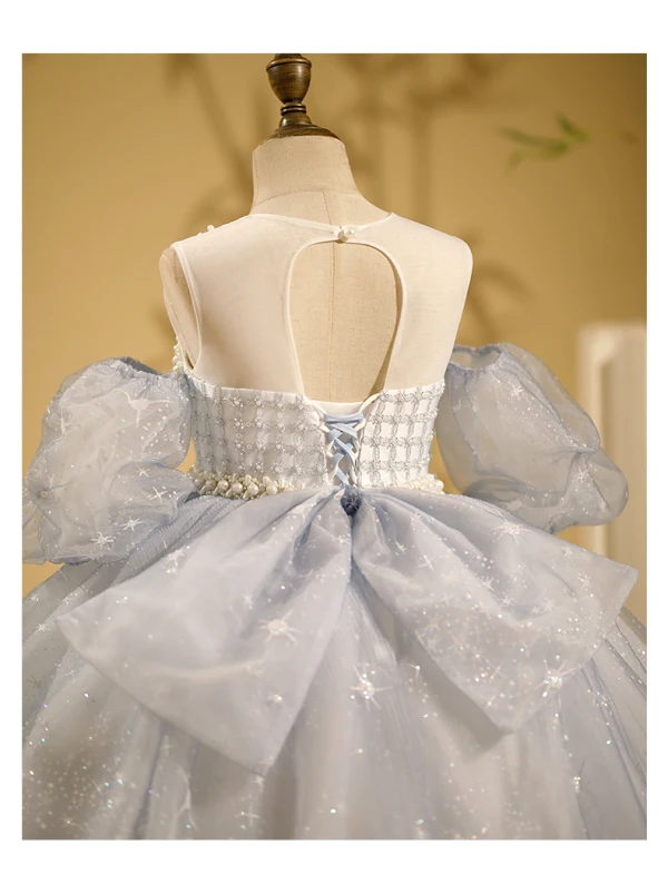 Chic / Beautiful Grey Beading Pearl Sequins Cascading Ruffles Birthday Flower Girl Dresses 2024 Ball Gown Scoop Neck Short Sleeve Backless Bow Floor-Length / Long