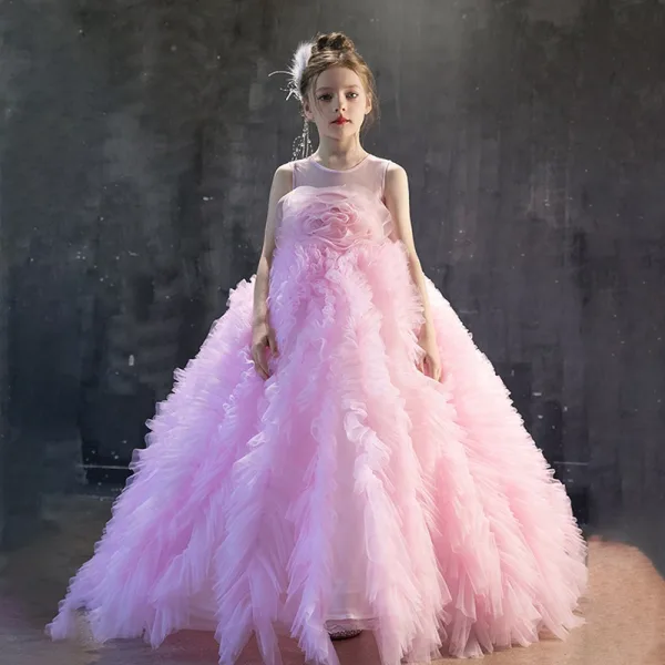 Lovely Candy Pink Cascading Ruffles Birthday Flower Girl Dresses 2025 Ball Gown Scoop Neck Sleeveless Backless Floor-Length / Long