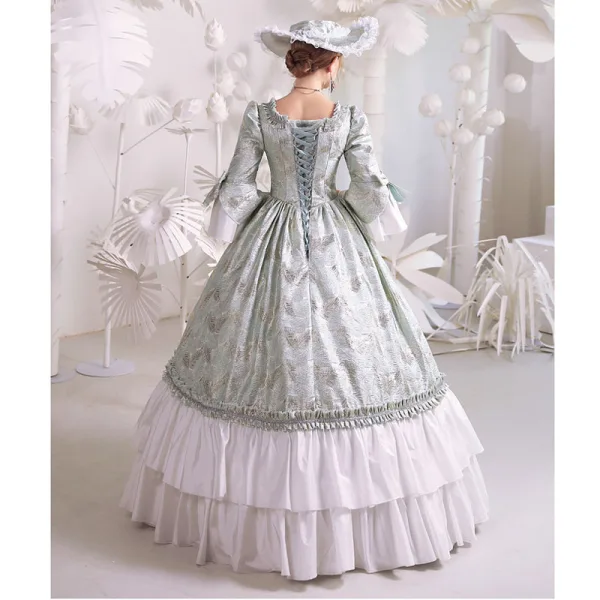 Baroque Medieval Sage Green Prom Dresses 2022 Ball Gown Square Neckline Bell sleeves Backless Rhinestone Pearl Bow Floor-Length / Long Formal Dresses