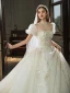 High End Vintage Ivory / Creme Perlenstickerei Perle Strass Brautkleider / Hochzeitskleider 2022 Ballkleid Rundhalsausschnitt Kurze Ärmel Rückenfreies Königliche Schleppe Hochzeit