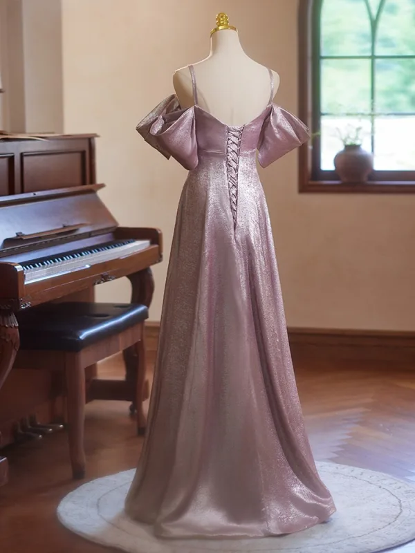 Chic / Beautiful Dusky Pink Glitter Prom Dresses 2024 A-Line / Princess Spaghetti Straps Short Sleeve Backless Floor-Length / Long Prom Formal Dresses