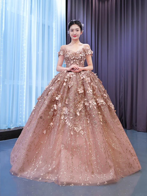 High-end Champagne Pearl Appliques Sequins Prom Dresses 2022 Ball Gown Off-The-Shoulder Short Sleeve Backless Floor-Length / Long Formal Dresses
