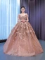 High-end Champagne Pearl Appliques Sequins Prom Dresses 2022 Ball Gown Off-The-Shoulder Short Sleeve Backless Floor-Length / Long Formal Dresses