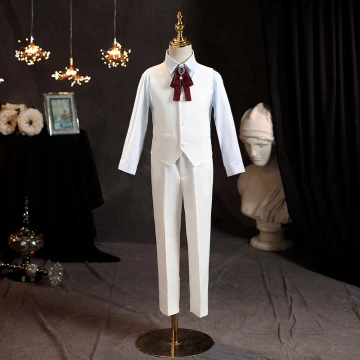 Mode Blanche Anniversaire 4 Pièces Manches Longues Costume Garçon Mariage 2023 Manteau Pantalon Chemise Cravate