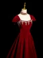 Elegant Burgundy Rhinestone Velvet Prom Dresses 2024 Ball Gown Square Neckline Short Sleeve Backless Sweep Train Prom Formal Dresses