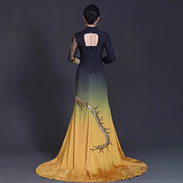 Chinese style Vintage Retro Black Gold Satin Split Front Evening Dresses 2023 Trumpet Chinese style Vintage Retro Black Gold Satin Split Front Evening Dresses 2023 Trumpet