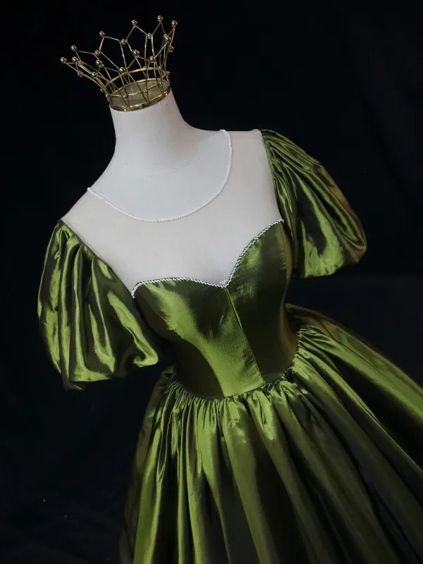 Vintage / Retro Dark Green Prom Dresses 2025 Ball Gown Scoop Neck Short Sleeve Backless Sweep Train Formal Dresses