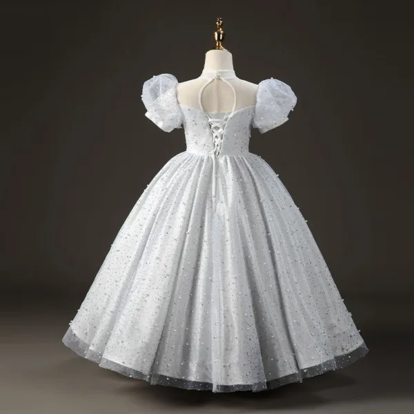 Chic / Beautiful Grey Pearl Rhinestone Prom Flower Girl Dresses 2022 Ball Gown High Neck Puffy Short Sleeve Backless Floor-Length / Long Flower Girl Dresses