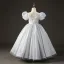Chic / Beautiful Grey Pearl Rhinestone Prom Flower Girl Dresses 2022 Ball Gown High Neck Puffy Short Sleeve Backless Floor-Length / Long Flower Girl Dresses
