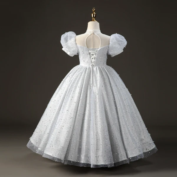 Elegant White Pearl Rhinestone Birthday Flower Girl Dresses 2022 Ball Gown High Neck Puffy Short Sleeve Backless Floor-Length / Long Flower Girl Dresses