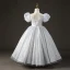 Elegant White Pearl Rhinestone Birthday Flower Girl Dresses 2022 Ball Gown High Neck Puffy Short Sleeve Backless Floor-Length / Long Flower Girl Dresses