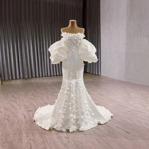 Classy White Appliques Wedding Dresses 2025 Trumpet Mermaid Off The Shoulder Puffy Short Sleeve Backless Sweep Train Wedding