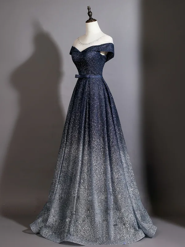 Bling Bling Navy Blue Sequins Prom Dresses 2026 A-Line / Princess Scoop Neck Short Sleeve Backless Floor-Length / Long Formal Dresses