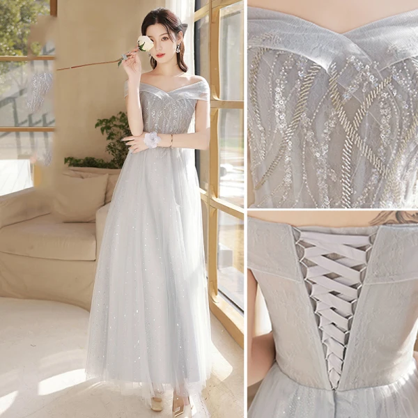 Schlicht Grau Perlenstickerei Pailletten Brautjungfernkleider 2022 A Linie Kurze Ärmel Lange Brautjungfer Kleider Für Hochzeit