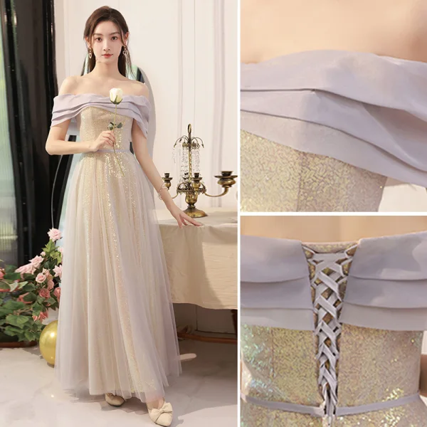 silver belts for bridesmaid dresses Off the Shoulder Gold Sparkle Wedding Dress with Detachable Train main image 1
