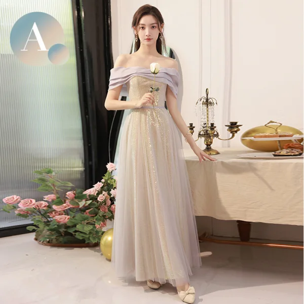 Chic / Beautiful Gold Sequins Bridesmaid Dresses 2023 A-Line / Princess Off-The-Shoulder Short Sleeve Backless Floor-Length / Long Bridesmaid Dresses