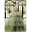 Fashion Charming Sage Green Prom Dresses 2022 Ball Gown Spaghetti Straps Sleeveless Backless Cascading Ruffles Chapel Train Formal Dresses