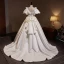 Vintage / Retro Ivory Lace Flower Appliques Satin Wedding Dresses 2023 Ball Gown V-Neck Puffy Short Sleeve Backless Sweep Train Wedding