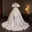 Vintage / Retro Ivory Satin Appliques Wedding Dresses 2025 Ball Gown V-Neck Puffy Short Sleeve Backless Court Train