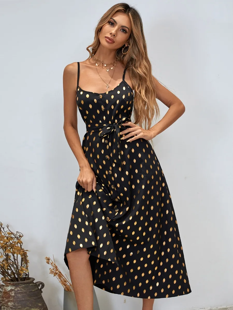 Stunning Women Black Gold Dresses 2021 Polka Dot Chiffon A Line Princess  Split Front Tea Length Spaghetti Straps Summer Sleeveless Street Wear