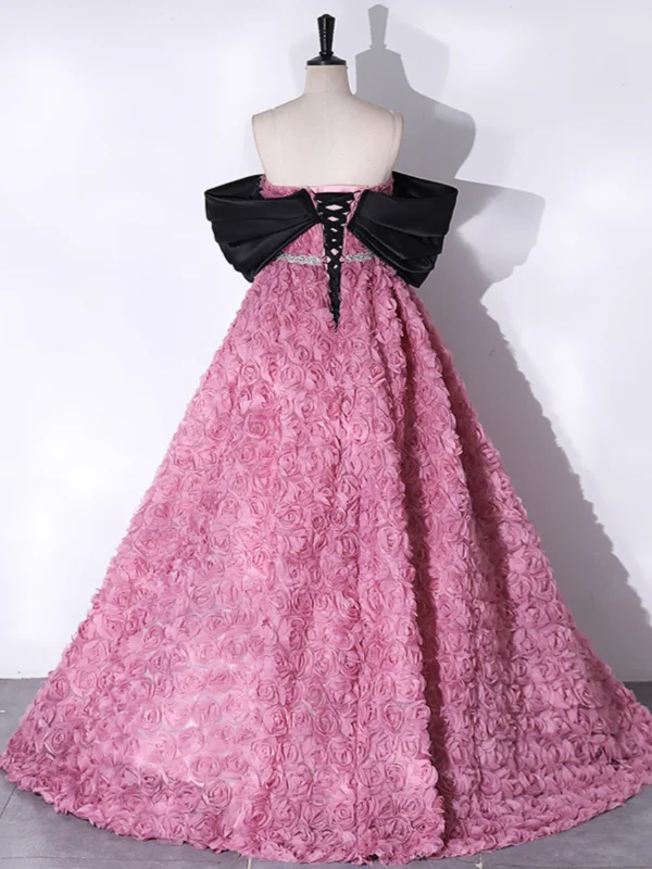 Schöne Pink Rüschen Blumen Ballkleider 2024 Ballkleid Off Shoulder Kurze Ärmel Rückenfreies Sweep / Pinsel Zug Ball Festliche Kleider