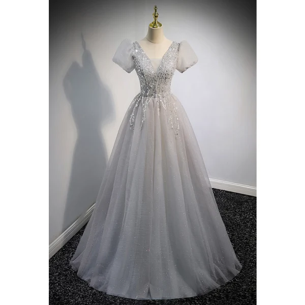 Elegant Grey Beading Sequins Prom Dresses 2022 A-Line / Princess V-Neck Puffy Short Sleeve Backless Floor-Length / Long Prom Formal Dresses