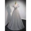 Elegant Grey Beading Sequins Prom Dresses 2022 A-Line / Princess V-Neck Puffy Short Sleeve Backless Floor-Length / Long Prom Formal Dresses