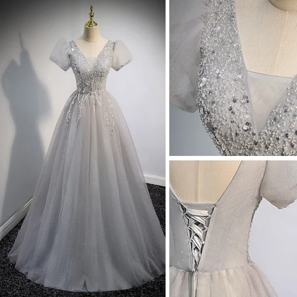 Elegant Grey Beading Sequins Prom Dresses 2022 A-Line / Princess V-Neck Puffy Short Sleeve Backless Floor-Length / Long Prom Formal Dresses