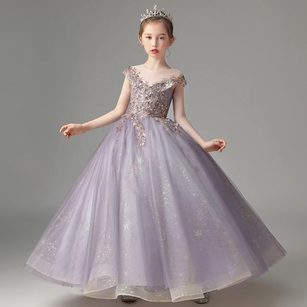 Chic / Beautiful Lavender Beading Sequins Birthday Flower Girl Dresses 2022 Ball Gown Scoop Neck Sleeveless Backless Floor-Length / Long Flower Girl Dresses