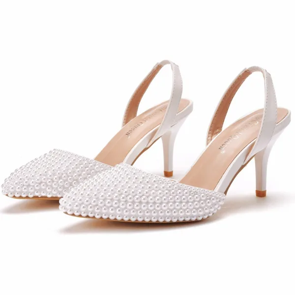 Sexy White Pearl Wedding Shoes 2024 7 cm Stiletto Heels Pointed Toe Wedding Sandals High Heels