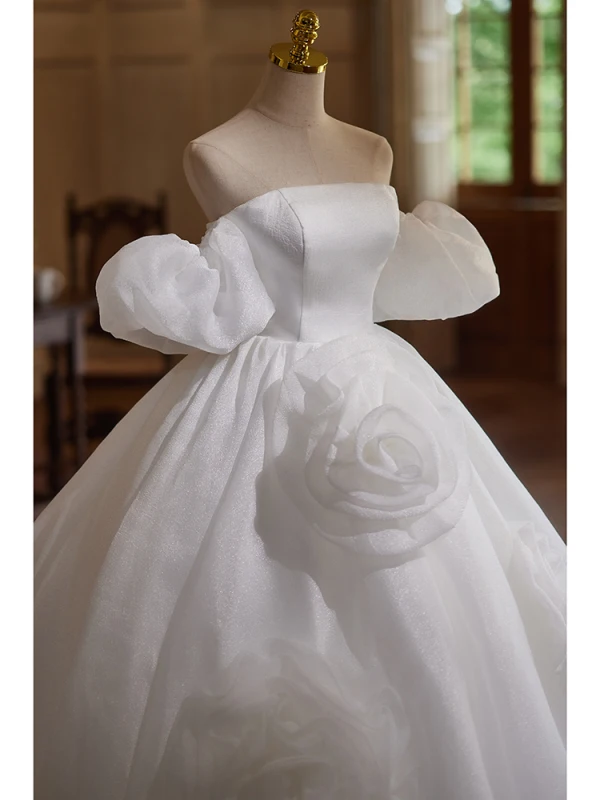 Vintage / Originale Blanche Appliques Robe De Bal 2024 Robe Boule De l'épaule Gonflée Manches Courtes Dos Nu Longue Promo Robe De Ceremonie