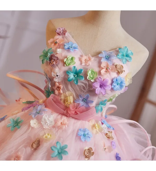 Blumenfee Rosa Multifarben Applikationen Geburtstag Ballkleider 2025 Ballkleid Bandeau Ärmellos Rückenfreies Sweep / Pinsel Zug Festliche Kleider