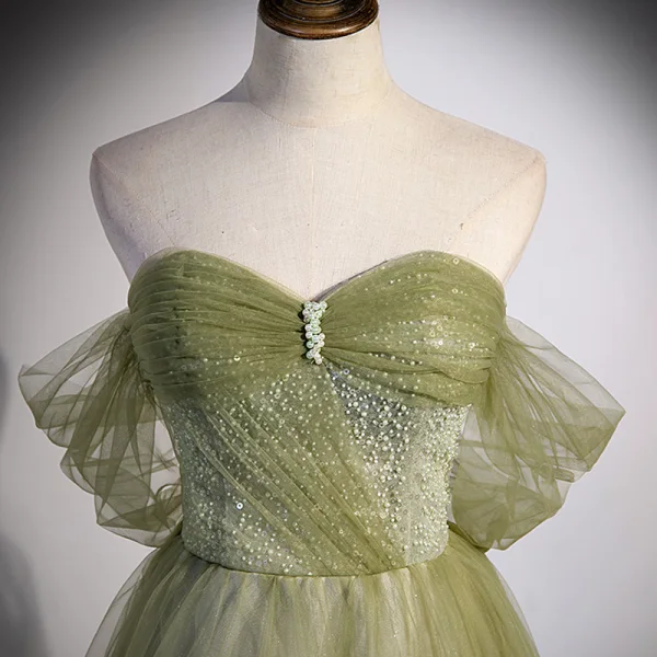 Charming Sage Green Beading Pearl Sequins Prom Dresses 2022 A-Line / Princess Off-The-Shoulder Short Sleeve Backless Prom Floor-Length / Long Formal Dresses