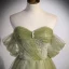 Charming Sage Green Beading Pearl Sequins Prom Dresses 2022 A-Line / Princess Off-The-Shoulder Short Sleeve Backless Prom Floor-Length / Long Formal Dresses