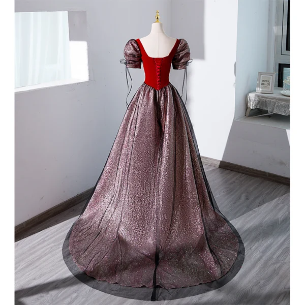 Elegante Rot Ballkleider 2023 Ballkleid Eckiger Ausschnitt Geschwollenes Kurze Ärmel Schleife Rückenfreies Sweep / Pinsel Zug Ball Festliche Kleider