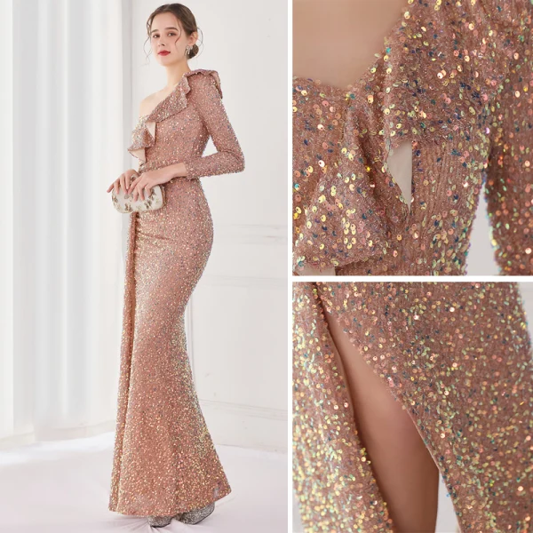 Sexy Lindgrün Pailletten Abendkleider 2022 Meerjungfrau One-Shoulder Lange Ärmel Rückenfreies Lange Gespaltete Front Abend Festliche Kleider