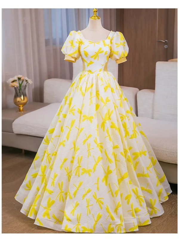 yellow and white formal dresses Floral-Print Lemon Yellow Long Prom Dress Lemon / 2 main image 1