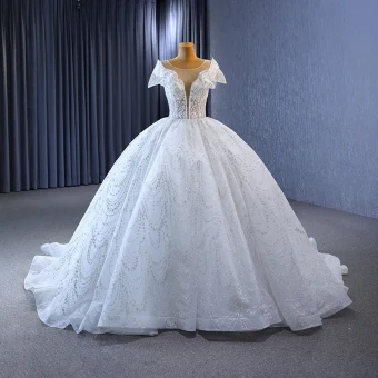Haut De Gamme Blanche Fait Main Perlage Perle Paillettes Robe De Mariée 2023 Robe Boule Encolure Dégagée Manches Courtes Dos Nu Chapel Train Mariage