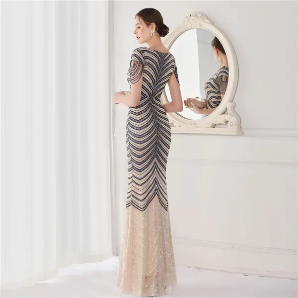 Sexy Black Beading Sequins Evening Dresses 2022 Trumpet / Mermaid V-Neck Sleeveless Floor-Length / Long Evening Party Formal Dresses