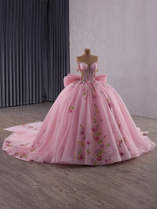 Flower Fairy Luxury / Gorgeous Blushing Pink Handmade  Beading Sequins Lace Flower Prom Dresses 2025 Ball Gown Strapless Sleeveless Backless Bow