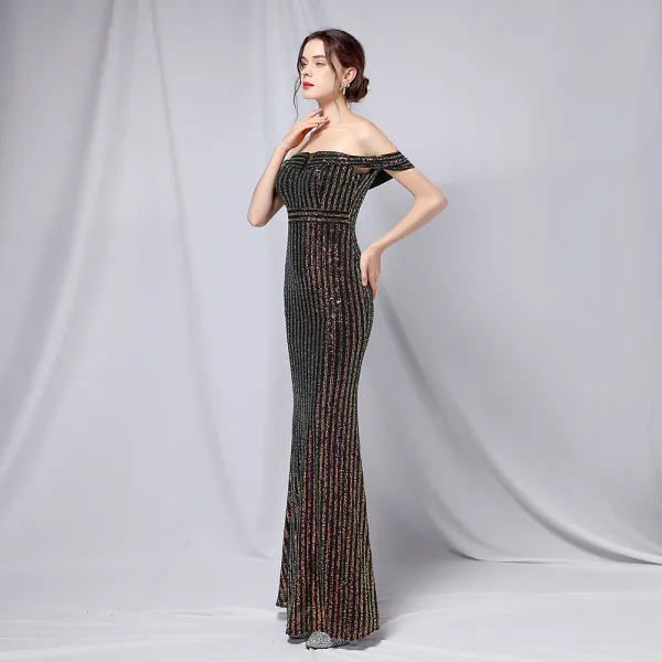 Charming Black Gold Sequins Evening Dresses 2022 Trumpet / Mermaid Off-The-Shoulder Short Sleeve Backless Floor-Length / Long Evening Party Formal Dresses