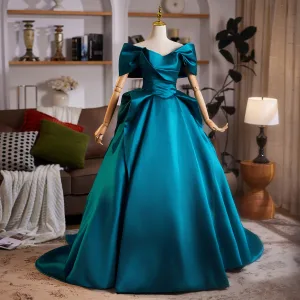 Vintage Originale Bleu D Encre Satin Robe De Bal 2025 Robe Boule De L Épaule Manches Courtes Dos Nu Train De Balayage Robe De Ceremonie