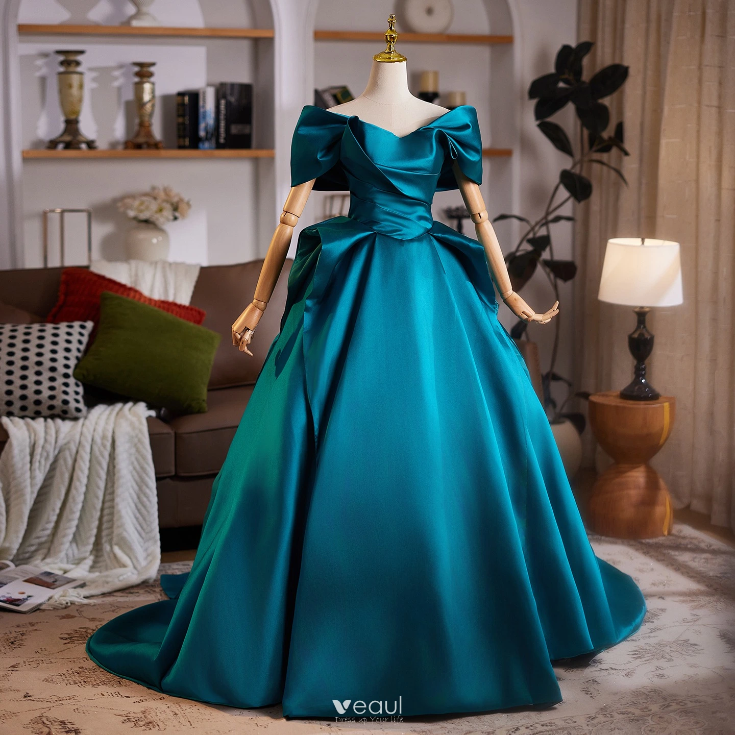 Vintage / Retro Ink Blue Satin Prom Dresses 2025 Ball Gown Off-The-Shoulder Short Sleeve Backless Sweep Train Formal Dresses Vintage / Retro Ink Blue Satin Prom Dresses 2025 Ball Gown Off-The-Shoulder Short Sleeve Backless Sweep Train Formal Dresses
