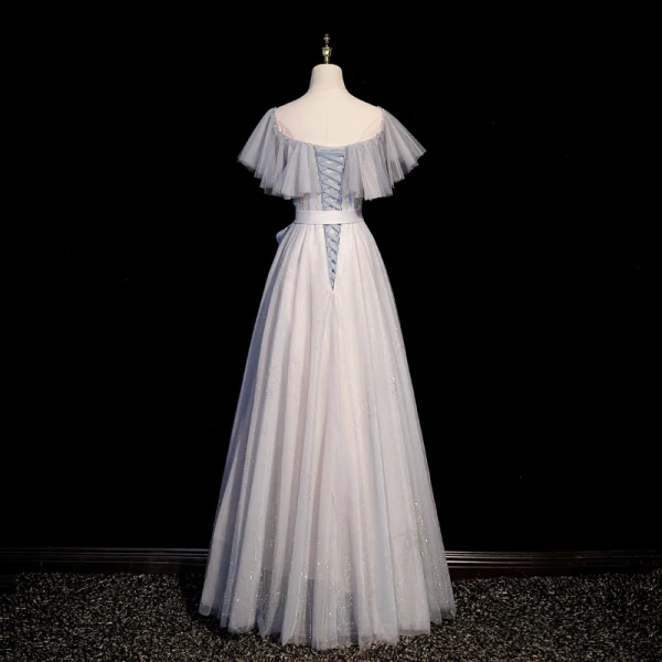 Chic / Belle Bleu Ciel Perlage Paillettes Robe De Bal 2022 Princesse Encolure Carrée Manches Courtes Dos Nu Noeud Ceinture Longue Promo Robe De Ceremonie