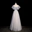 Chic / Belle Bleu Ciel Perlage Paillettes Robe De Bal 2022 Princesse Encolure Carrée Manches Courtes Dos Nu Noeud Ceinture Longue Promo Robe De Ceremonie