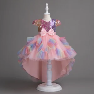 Chic Beautiful Candy Pink Sequins Bow Sash Asymmetrical Birthday Flower Girl Dresses 2024 Ball Gown Scoop Neck Short Sleeve