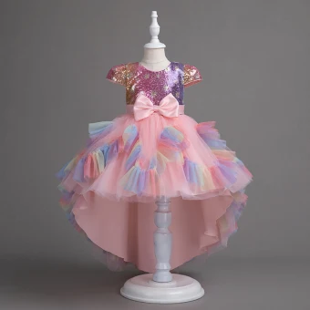 Chic Belle Rose Bonbon Paillettes Noeud Ceinture Asymétrique Anniversaire Robe Ceremonie Fille 2024 Robe Boule Encolure Dégagée Manches Courtes